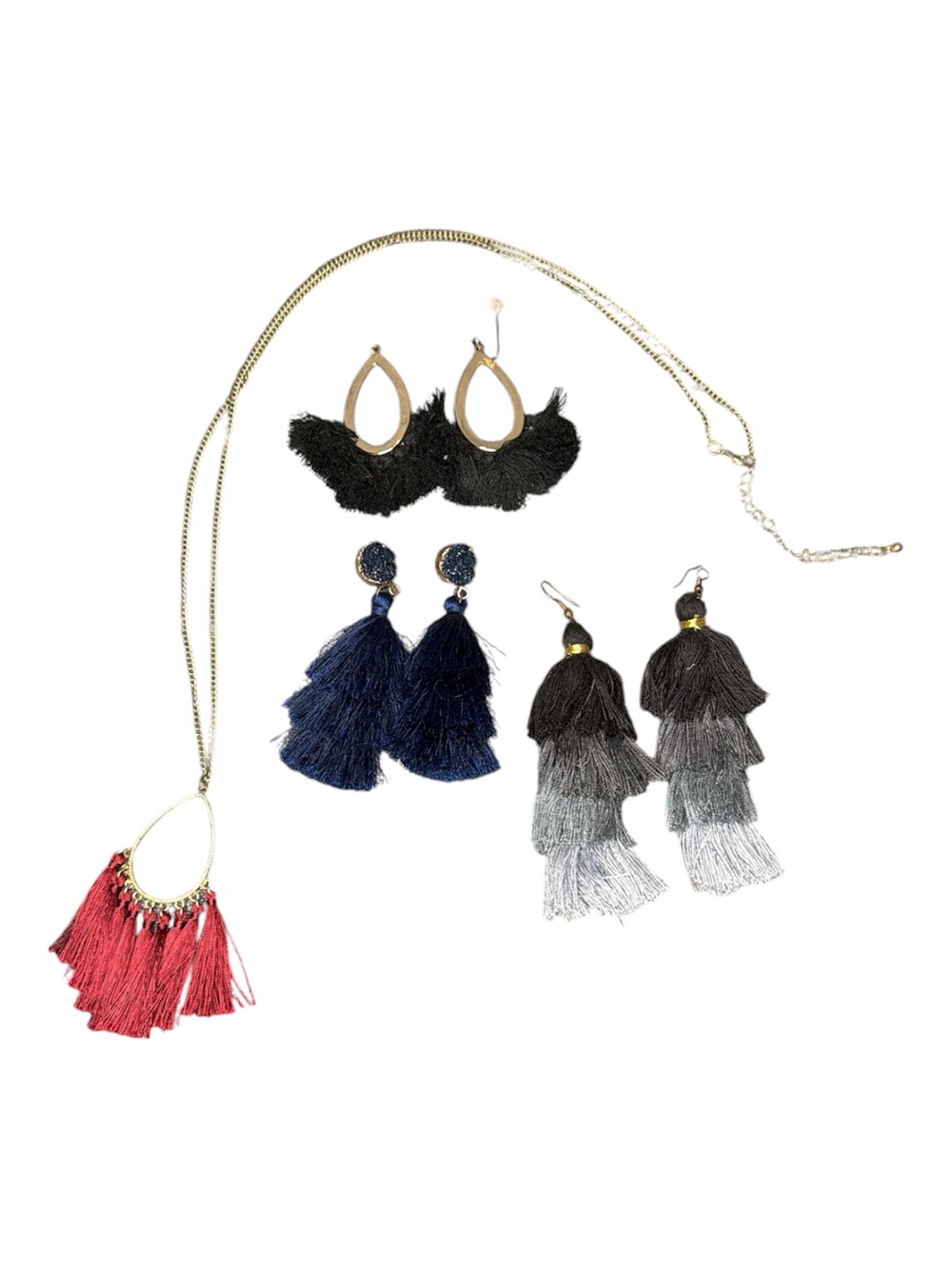 Boho Jewelry Bundle Tassel Earrings Fringe Necklace Gold Tone 4 Piece Lot